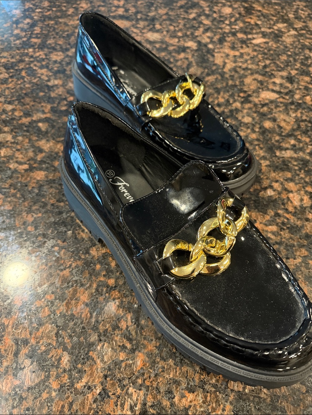 Forever  Black Patent Loafers with Gold Chain size 10